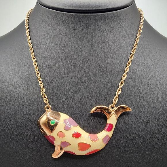 Signed Hobé Enameled Koi/Carp Fish Pendant Necklace • Gold-Tone Chain 1960s-70s - Picture 2 of 7